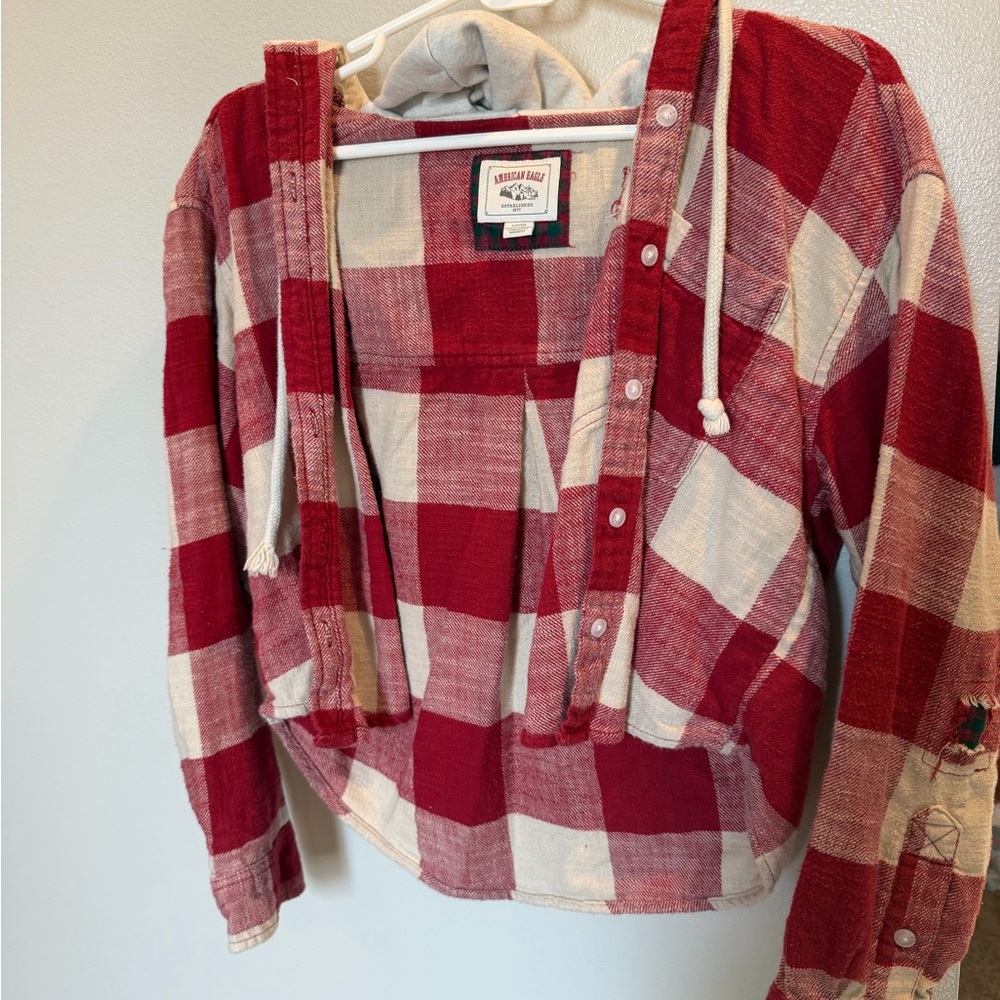 American Eagle Outfitters Red and Cream Plaid Hoodie